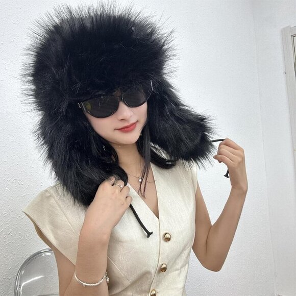Unisex Black Faux Fur Russian Hat, Soft, Warm Winter Trapper Hat with Earmuffs main image 6